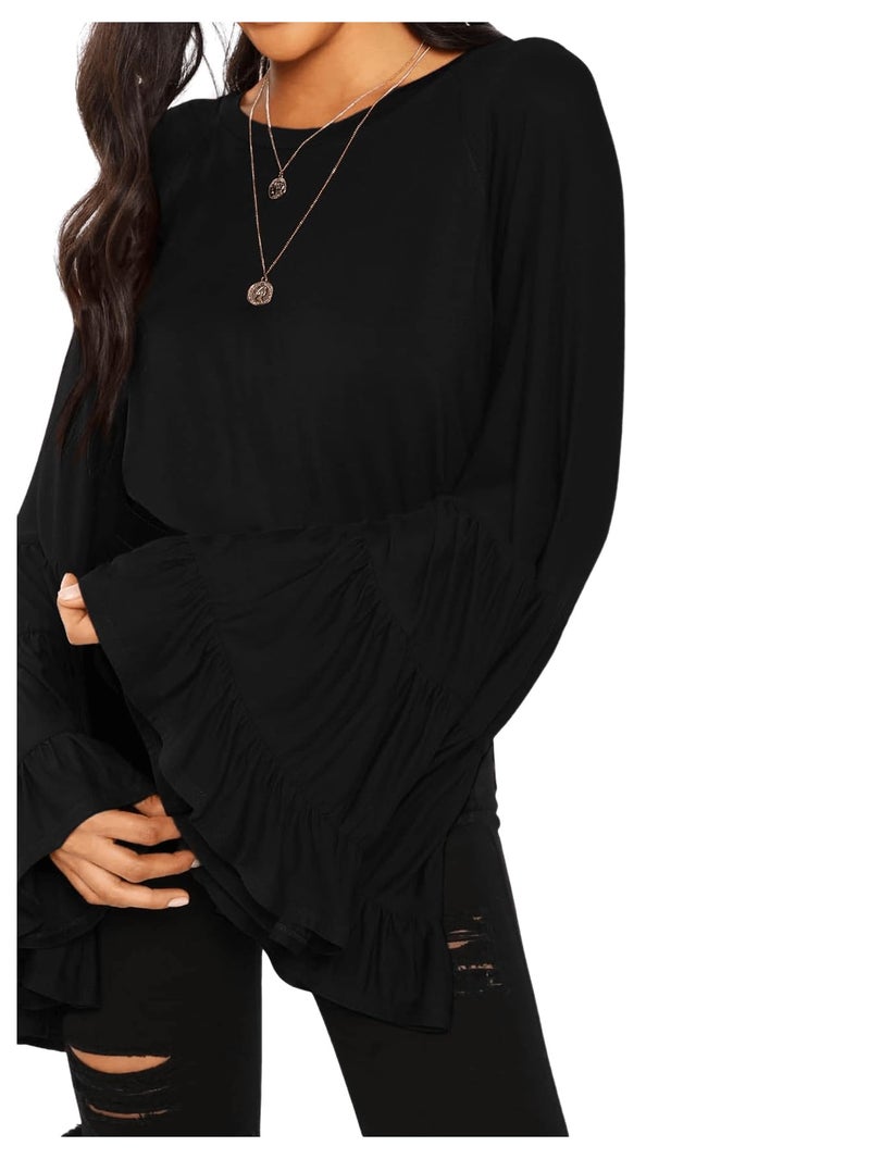 Floerns Women's Casual Boho Ruffle Long Bell Sleeve Tops Tee Shirt Black M - Image 4